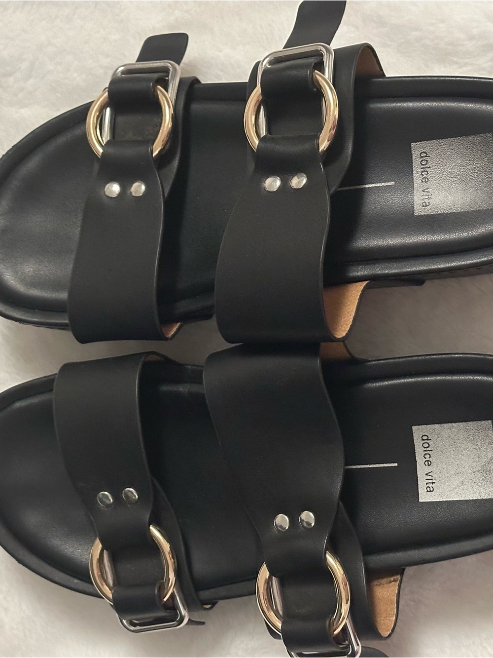 Dolce Vita Black Double-Strap Slide Sandals with Gold Rings
